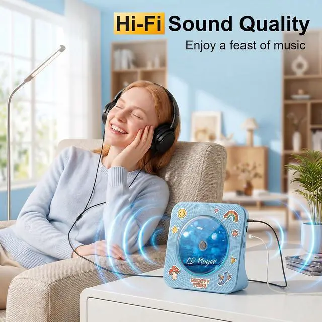 Alt view image 4 of 7 - CD Player Portable Bluetooth Desktop CD Player for Home with Timer Built-in HiFi Speakers with LCD Screen Display Boombox FM Radio USB Type-c (Blue)