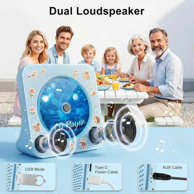 Alt view image 5 of 7 - CD Player Portable Bluetooth Desktop CD Player for Home with Timer Built-in HiFi Speakers with LCD Screen Display Boombox FM Radio USB Type-c (Blue)