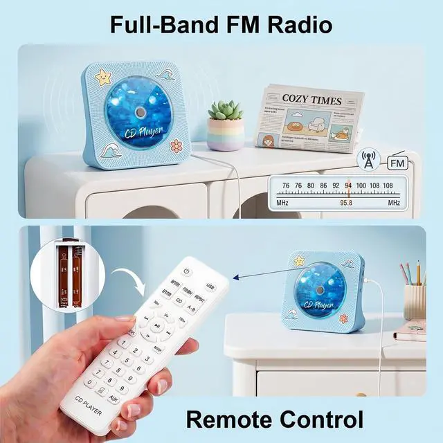 Alt view image 6 of 7 - CD Player Portable Bluetooth Desktop CD Player for Home with Timer Built-in HiFi Speakers with LCD Screen Display Boombox FM Radio USB Type-c (Blue)