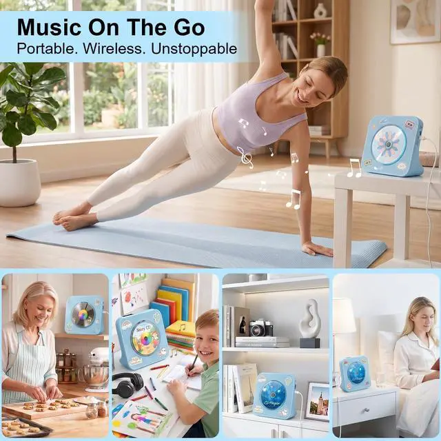 Alt view image 7 of 7 - CD Player Portable Bluetooth Desktop CD Player for Home with Timer Built-in HiFi Speakers with LCD Screen Display Boombox FM Radio USB Type-c (Blue)