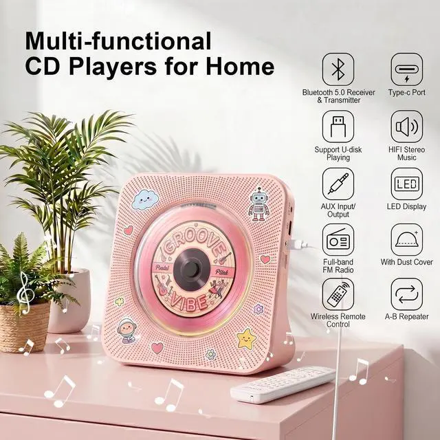 Alt view image 2 of 7 - CD Player Portable Bluetooth Desktop CD Player for Home with Timer Built-in HiFi Speakers with LCD Screen Display Boombox FM Radio USB Type-c (Pink)