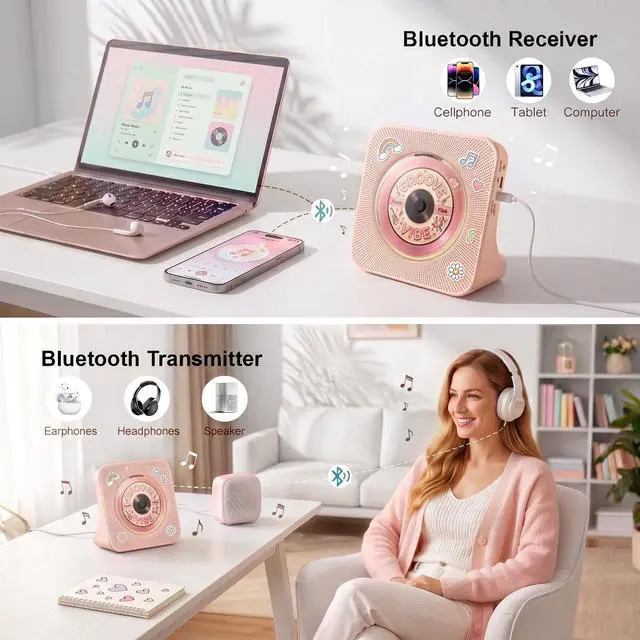 Alt view image 3 of 7 - CD Player Portable Bluetooth Desktop CD Player for Home with Timer Built-in HiFi Speakers with LCD Screen Display Boombox FM Radio USB Type-c (Pink)