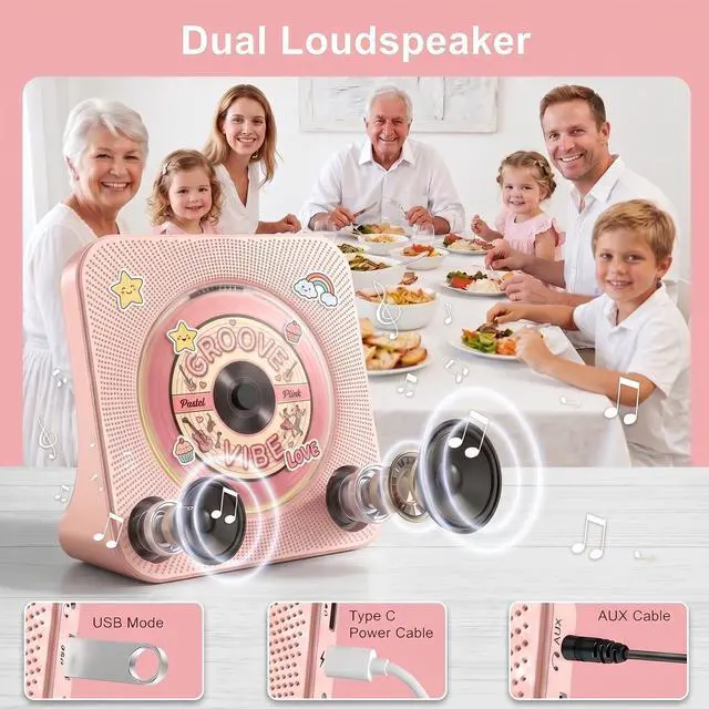 Alt view image 4 of 7 - CD Player Portable Bluetooth Desktop CD Player for Home with Timer Built-in HiFi Speakers with LCD Screen Display Boombox FM Radio USB Type-c (Pink)