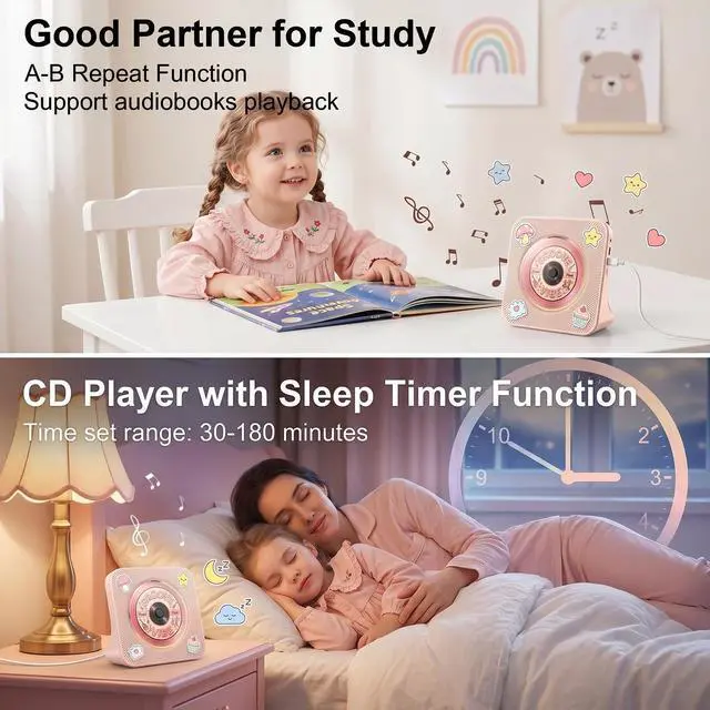 Alt view image 5 of 7 - CD Player Portable Bluetooth Desktop CD Player for Home with Timer Built-in HiFi Speakers with LCD Screen Display Boombox FM Radio USB Type-c (Pink)