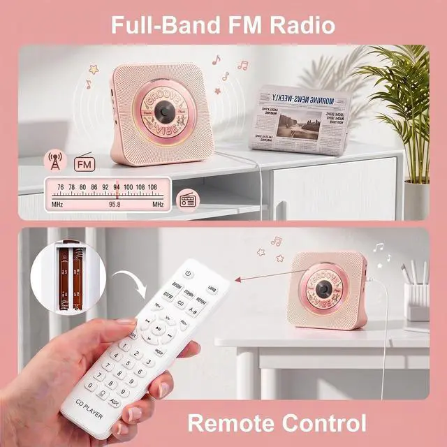 Alt view image 6 of 7 - CD Player Portable Bluetooth Desktop CD Player for Home with Timer Built-in HiFi Speakers with LCD Screen Display Boombox FM Radio USB Type-c (Pink)