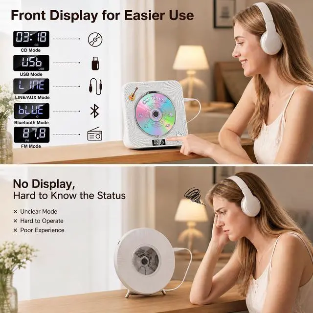 Alt view image 3 of 7 - CD Player Portable Bluetooth Desktop CD Player for Home with Timer Built-in HiFi Speakers with LCD Screen Display Boombox FM Radio USB Type-c (Ivory)