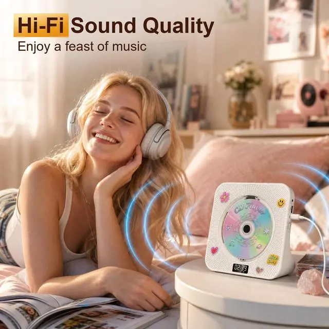 Alt view image 4 of 7 - CD Player Portable Bluetooth Desktop CD Player for Home with Timer Built-in HiFi Speakers with LCD Screen Display Boombox FM Radio USB Type-c (Ivory)