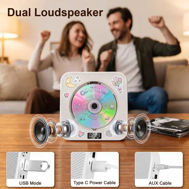 Alt view image 5 of 7 - CD Player Portable Bluetooth Desktop CD Player for Home with Timer Built-in HiFi Speakers with LCD Screen Display Boombox FM Radio USB Type-c (Ivory)
