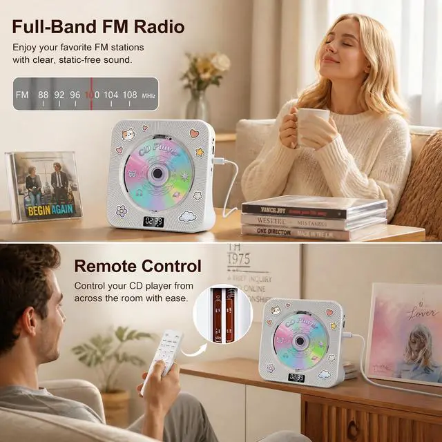 Alt view image 7 of 7 - CD Player Portable Bluetooth Desktop CD Player for Home with Timer Built-in HiFi Speakers with LCD Screen Display Boombox FM Radio USB Type-c (Ivory)