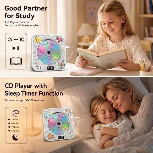 Alt view image 6 of 7 - CD Player Portable Bluetooth Desktop CD Player for Home with Timer Built-in HiFi Speakers with LCD Screen Display Boombox FM Radio USB Type-c (Ivory)