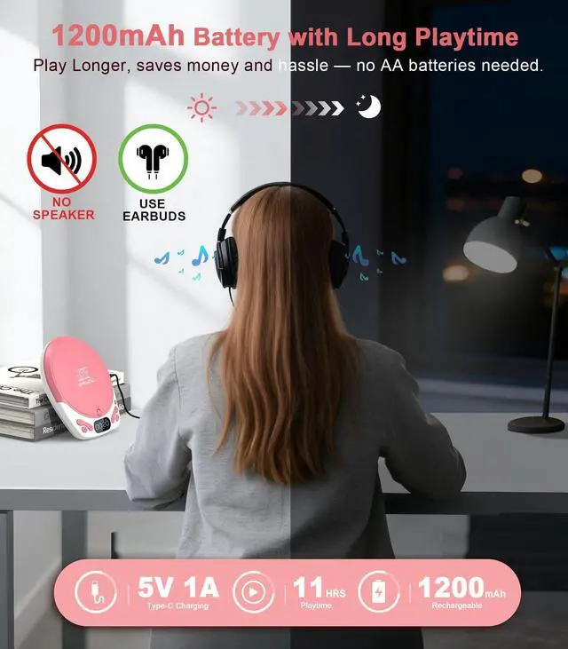 Alt view image 5 of 7 - Personal CD Player with Headphones, Portable Pink CD Player for Car & Home, Rechargeable CD Players with 60s Anti-Skip, Supports CD/MP3/WMA/TF Card/AUX, Backlit/Lock/Programmable/Timer