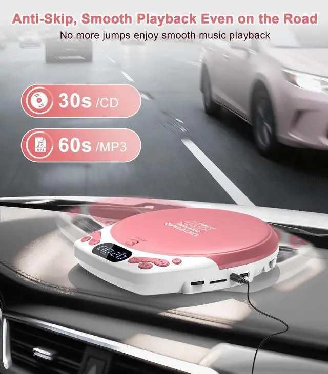 Alt view image 6 of 7 - Personal CD Player with Headphones, Portable Pink CD Player for Car & Home, Rechargeable CD Players with 60s Anti-Skip, Supports CD/MP3/WMA/TF Card/AUX, Backlit/Lock/Programmable/Timer
