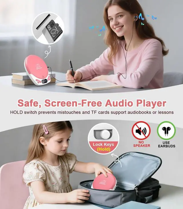 Alt view image 7 of 7 - Personal CD Player with Headphones, Portable Pink CD Player for Car & Home, Rechargeable CD Players with 60s Anti-Skip, Supports CD/MP3/WMA/TF Card/AUX, Backlit/Lock/Programmable/Timer