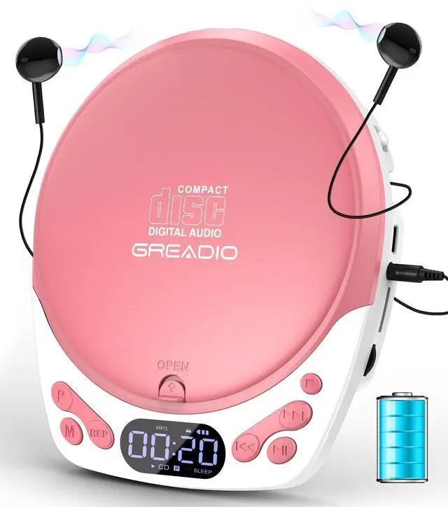 Main image of Personal CD Player with Headphones, Portable Pink CD Player for Car & Home, Rechargeable CD Players with 60s Anti-Skip, Supports CD/MP3/WMA/TF Card/AUX, Backlit/Lock/Programmable/Timer