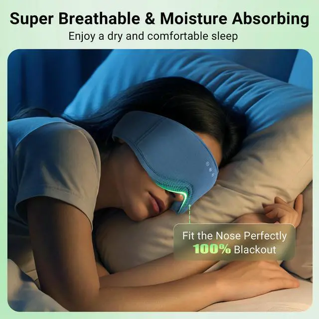 Alt view image 4 of 7 - 3D Bamboo Cotton Sleep Mask with Bluetooth 5.4 Headphone, Music Wireless Bluetooth Blackout Eye Mask for Side Sleepers, Earphones HD Speaker Microphone for Travel, Gifts for Women Men, Blue