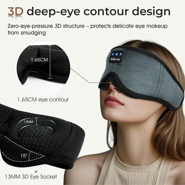 Alt view image 2 of 5 - Sleep mask Headphones,100% Blackout 3D Zero Eye Pressure Bluetooth Sleep mask Breathable Eye mask with Bluetooth Headphones Sleep Headphones for Side Sleepers, 14H Playtime&Bluetooth 5.4 Grey