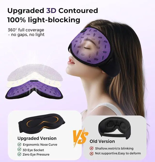 Alt view image 2 of 7 - Sleep Mask Headphones with Bluetooth 5.4, Wireless Music Eye Mask for Sleeping Headphones Detachable 3D Eye Cups Cooling Breathable Bluetooth Eye Mask for Side Sleepers(Purple)