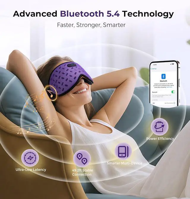 Alt view image 4 of 7 - Sleep Mask Headphones with Bluetooth 5.4, Wireless Music Eye Mask for Sleeping Headphones Detachable 3D Eye Cups Cooling Breathable Bluetooth Eye Mask for Side Sleepers(Purple)