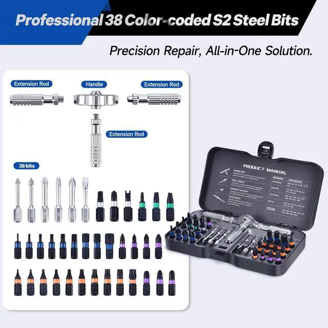 Alt view image 2 of 7 - 40-in-1 Magnetic Screwdriver Set with Ratcheting Handle,Magnetic Extension & 38 Precision Bits,Portable MultiTool Gadgets for Furniture,Bicycle,DIY Repair Kit
