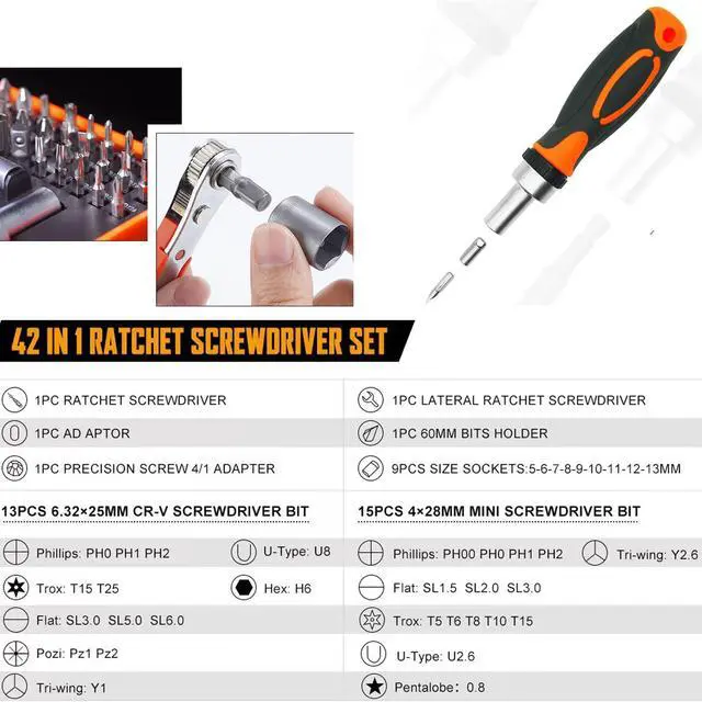 Alt view image 2 of 7 - Ratcheting Screwdriver Set Screwdriver 42 in 1 Ratchet Wrench Set, With Rotatable Ratchet Handles Storage Case, Household Repair Tool Kits for Bike