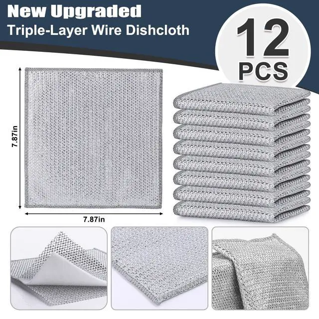 Alt view image 2 of 7 - 12 Pcs New Upgrade Steel Wire Dishcloth,Triple-Layer Steel Wire Cleaning Cloth,Powerful Cleaning Non-Scratch Wire Dishcloth Rag for Cookware, Sinks, Dishes, Stove Tops