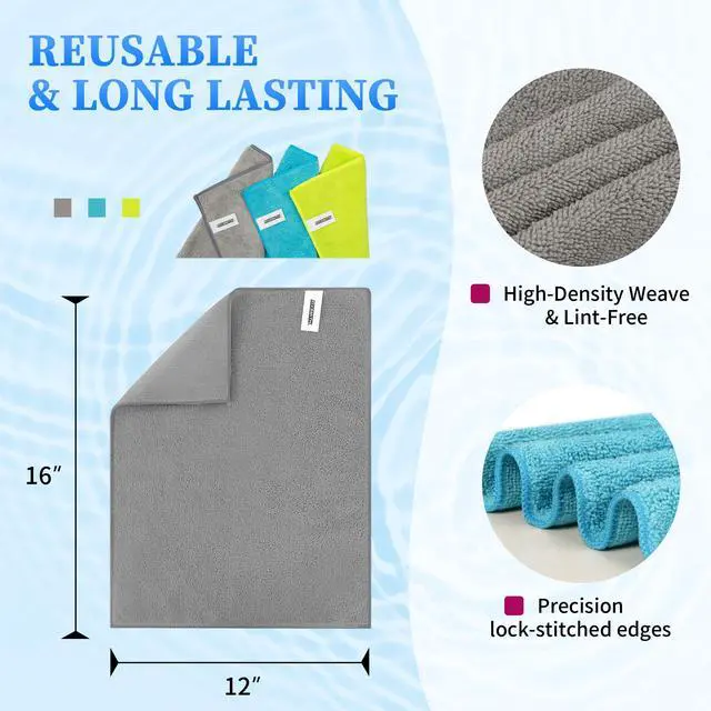 Alt view image 3 of 7 - Microfiber Cleaning Cloth - Pack of 24, Multi-Functional Cleaning Towels, Size: 12 x 16 in, Highly Absorbent Cleaning Rags, Lint-Free, Streak-Free Cleaning Cloths for Car Kitchen Home Office
