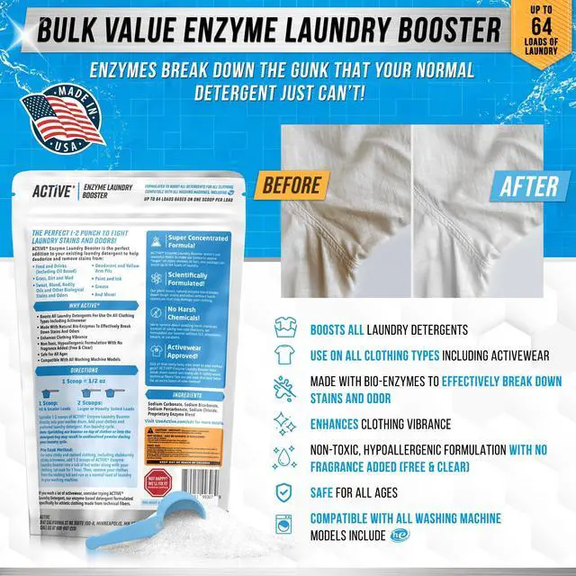 Alt view image 2 of 5 - Enzyme Laundry Booster Odor Remover - 2 lbs Unscented Enzymatic Clothes Stain Cleaner Powder, Natural Deodorizer with Bio Active Enzymes, Detergent Additive Eliminator for Sweat, Oil, Blood - 64 Loads