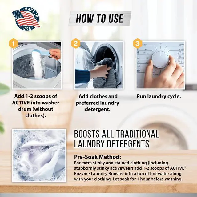 Alt view image 3 of 5 - Enzyme Laundry Booster Odor Remover - 2 lbs Unscented Enzymatic Clothes Stain Cleaner Powder, Natural Deodorizer with Bio Active Enzymes, Detergent Additive Eliminator for Sweat, Oil, Blood - 64 Loads