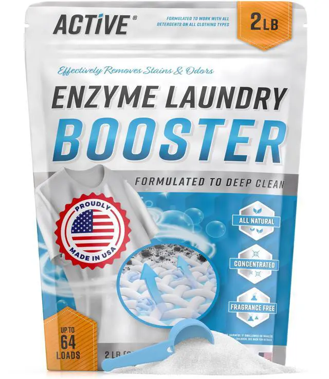 Main image of Enzyme Laundry Booster Odor Remover - 2 lbs Unscented Enzymatic Clothes Stain Cleaner Powder, Natural Deodorizer with Bio Active Enzymes, Detergent Additive Eliminator for Sweat, Oil, Blood - 64 Loads