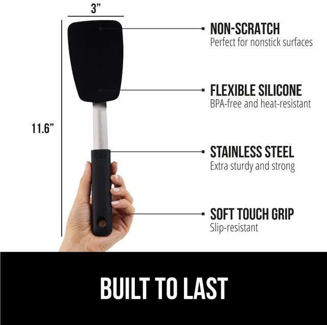 Alt view image 2 of 7 - Free Silicone Spatula for Non Stick Frying Pan, Heat Resistant Flexible Head, Patented Soft Comfortable Handle, Non-Scratch Kitchen Turner, Flip Burgers, Pancakes, 11.6 in, Black