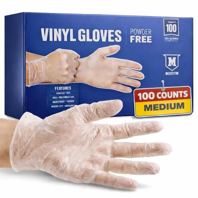 Main image of Vinyl Gloves, Plastic Disposable Gloves for Food Handling/Cleaning, Powder & Latex Free, Single Use, Clear, Medium, 100 Pack