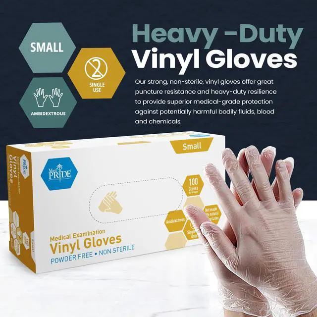 Alt view image 2 of 7 - Medical Vinyl Examination Gloves (Small, 100-Count) Latex & Rubber Free, Ultra-Strong, Clear Disposable Powder-Free Gloves for Healthcare & Food Handling Use