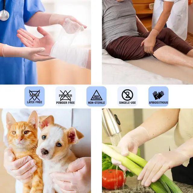 Alt view image 3 of 5 - Vinyl Exam Disposable Gloves, Latex Free, Powder Free, Clear, Box of 100, Large, 3.5 mil, Medical Grade, Nursing, Office, Kitchen, Pet Care, Cleaning, Housework, Food Service