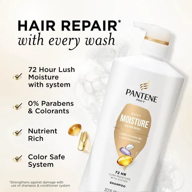 Alt view image 2 of 7 - Shampoo, Daily Moisture Renewal - Pro-V Nutrients for Dry, Color-Treated, Straight to Curly Hair, 72-Hour Hydration & Softness, Paraben Free, Cleanses, Strengthens Bonds, 27.7 Fl Oz