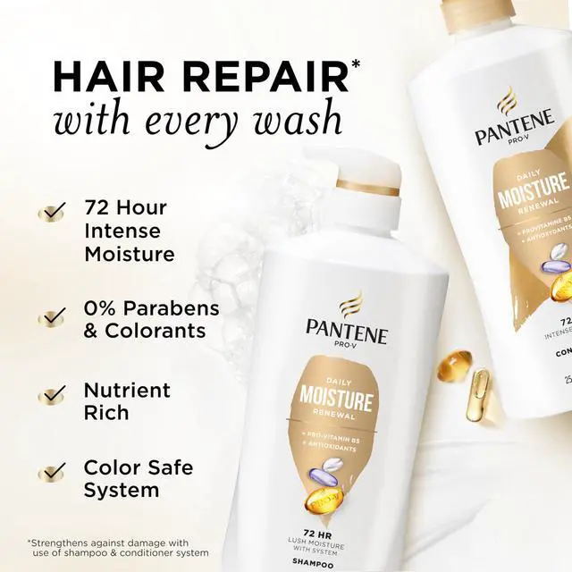 Alt view image 2 of 7 - Shampoo & Conditioner Set, Daily Moisture Renewal - Pro-V Nutrients for Dry, Color-Treated, Straight to Curly Hair, 72-Hour Hydration & Softness, 52.8 Oz Total + Miracle Rescue Shot (0.5 Oz)