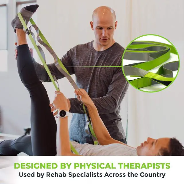 Alt view image 3 of 7 - Stretching Strap for Physical Therapy, 12 Multi-Loop Stretch Strap 1" W x 8' L, Neoprene Handles, Physical Therapy Equipment, Yoga Straps for Stretching, Leg Stretcher (Green)