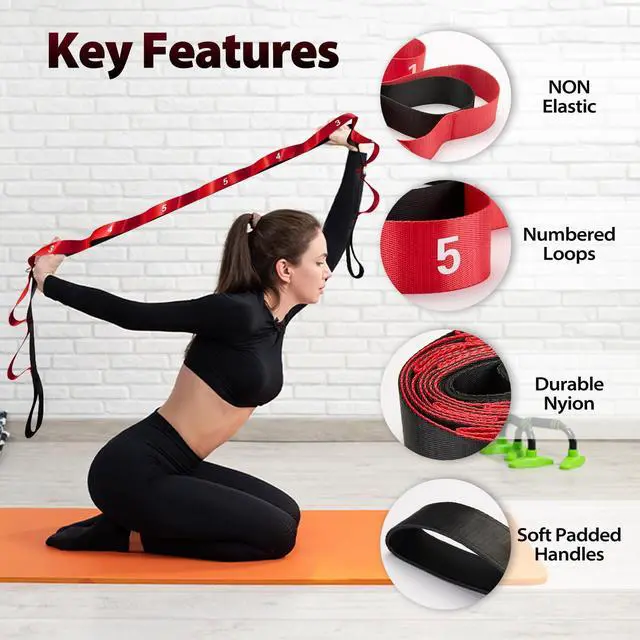 Alt view image 3 of 7 - Stretching Strap with Loops for Physical Therapy,Yoga Strap for Stretching,Home Workout,Pilate & Flexibility Training,Non-Elastic Exercise Stretch Band for Hamstring,Leg Stretcher Belt (Red)