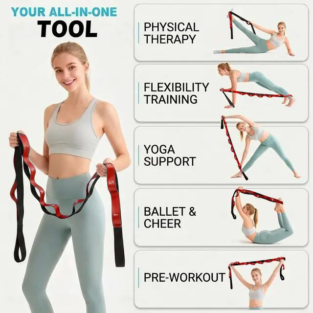 Alt view image 7 of 7 - Stretching Strap with Loops for Physical Therapy,Yoga Strap for Stretching,Home Workout,Pilate & Flexibility Training,Non-Elastic Exercise Stretch Band for Hamstring,Leg Stretcher Belt (Red)