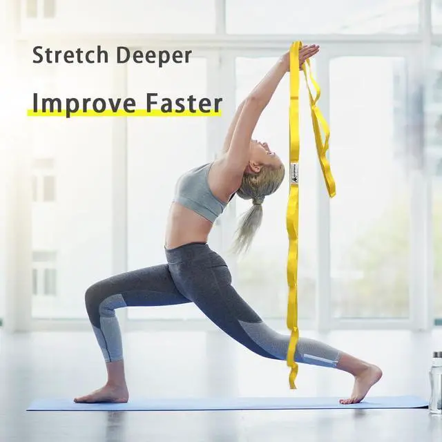 Alt view image 2 of 5 - Stretching Strap Yoga Strap with Loops, Stretch Straps for Physical Therapy, Non-Elastic Exercise Strap for Pilates, Dance and Gymnastics with Workout Guide (Yellow)
