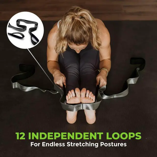 Alt view image 2 of 7 - Stretching Strap for Physical Therapy, 12 Multi-Loop Stretch Strap 1.5" W x 8' L, Neoprene Handles, Physical Therapy Equipment, Yoga Straps for Stretching, Leg Stretcher, (Black/Grey)