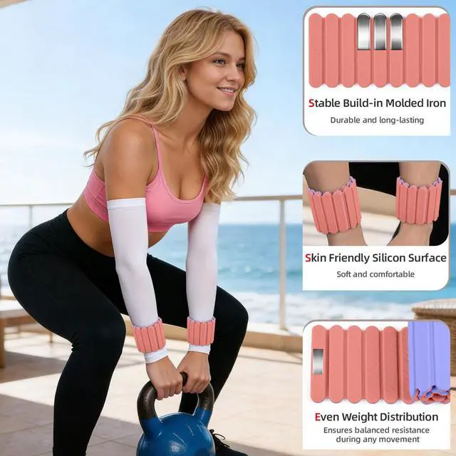 Alt view image 5 of 7 - Adjustable Wrist & Ankle Weights 2Pack, Wearable Silicone Weighted Bracelet for Women, Arm Leg Weights for Home Gym Workout, Jogging, Yoga & Pilates, Pink Purple, 2.2LB