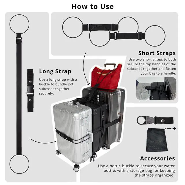 Alt view image 3 of 7 - Adjustable Luggage Straps for Suitcases 3 PCS Connect Suitcases