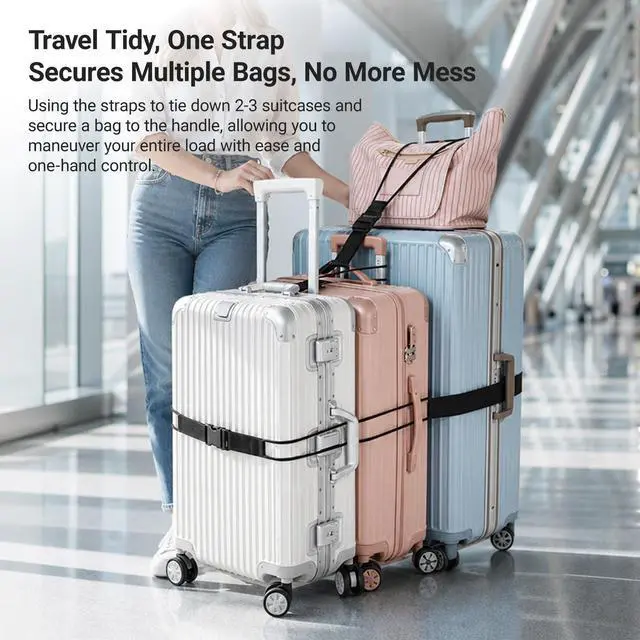 Alt view image 2 of 7 - 3 PCS Luggage Straps, for Suitcases TSA Approved Adjustable Luggage Connector Strapswith Elastic Thick Rope for Connecting Suitcases and Bags Stably with Strap Buckle and Bottle Buckle Clip, Black