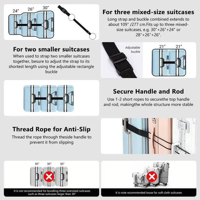 Alt view image 5 of 7 - 3 PCS Luggage Straps, for Suitcases TSA Approved Adjustable Luggage Connector Strapswith Elastic Thick Rope for Connecting Suitcases and Bags Stably with Strap Buckle and Bottle Buckle Clip, Black