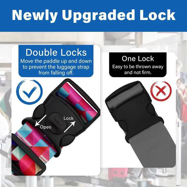 Alt view image 2 of 7 - 2 Pack Luggage Straps for Suitcases, Adjustable Travel Belt with Double Lock and Quick Release Buckle, Heavy Duty Nylon Bag Packing Strap, Bright Identifiers Business Travel Accessories-Colorful Block