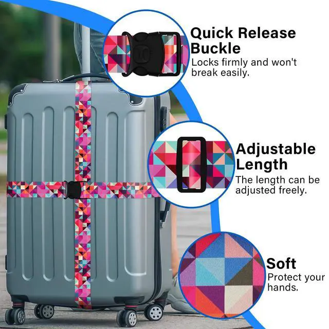 Alt view image 4 of 7 - 2 Pack Luggage Straps for Suitcases, Adjustable Travel Belt with Double Lock and Quick Release Buckle, Heavy Duty Nylon Bag Packing Strap, Bright Identifiers Business Travel Accessories-Colorful Block