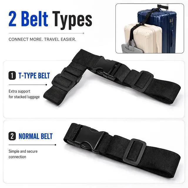 Alt view image 3 of 7 - 2 Pack Luggage Straps for Suitcases, Adjustable Luggage Straps with Buckle Belt to Connect 3 Suitcases, T-Type and Normal Luggage Connector Straps for Family Outings Urban Commuting(Black)