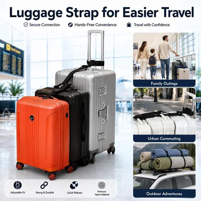 Alt view image 7 of 7 - 2 Pack Luggage Straps for Suitcases, Adjustable Luggage Straps with Buckle Belt to Connect 3 Suitcases, T-Type and Normal Luggage Connector Straps for Family Outings Urban Commuting(Black)