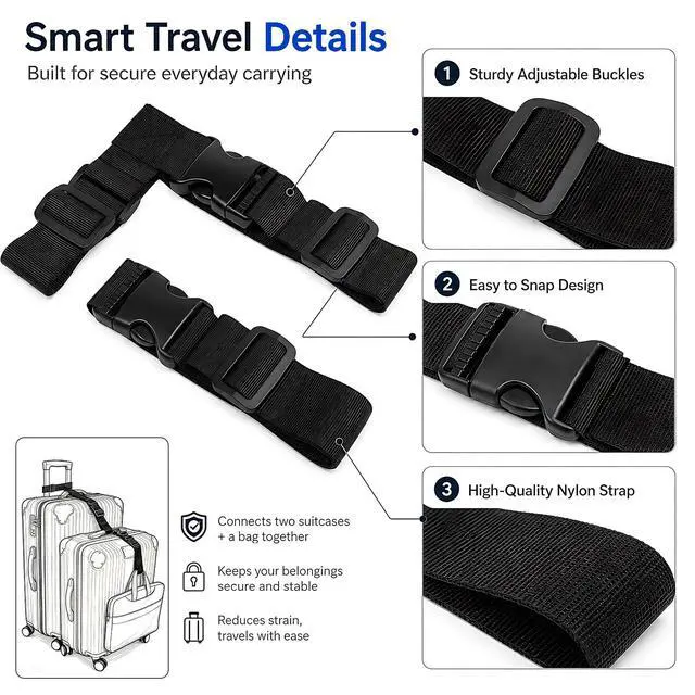 Alt view image 5 of 7 - 2 Pack Luggage Straps for Suitcases, Adjustable Luggage Straps with Buckle Belt to Connect 3 Suitcases, T-Type and Normal Luggage Connector Straps for Family Outings Urban Commuting(Black)