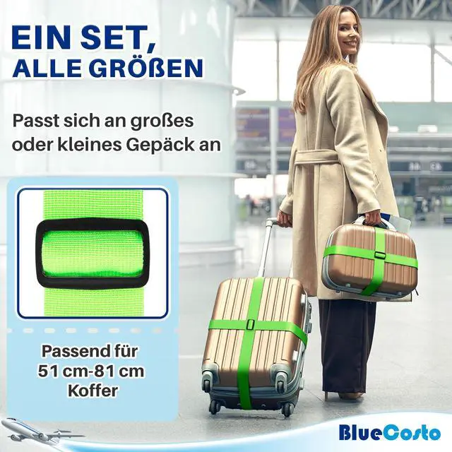 Alt view image 3 of 7 - Luggage Straps for Suitcases - TSA Approved - Neon Green, 4 PK - Premium Nylon Belts for Suitcase, Briefcase & Travel Bag - Adjustable Strap Length 46" - 78"